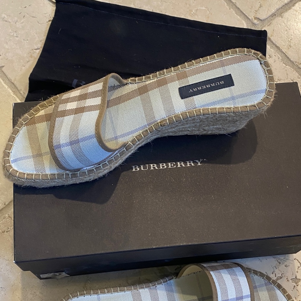 Burberry Checkered Slide Sandals in Cream, Light Blue and Khaki - Picture 2 of 11